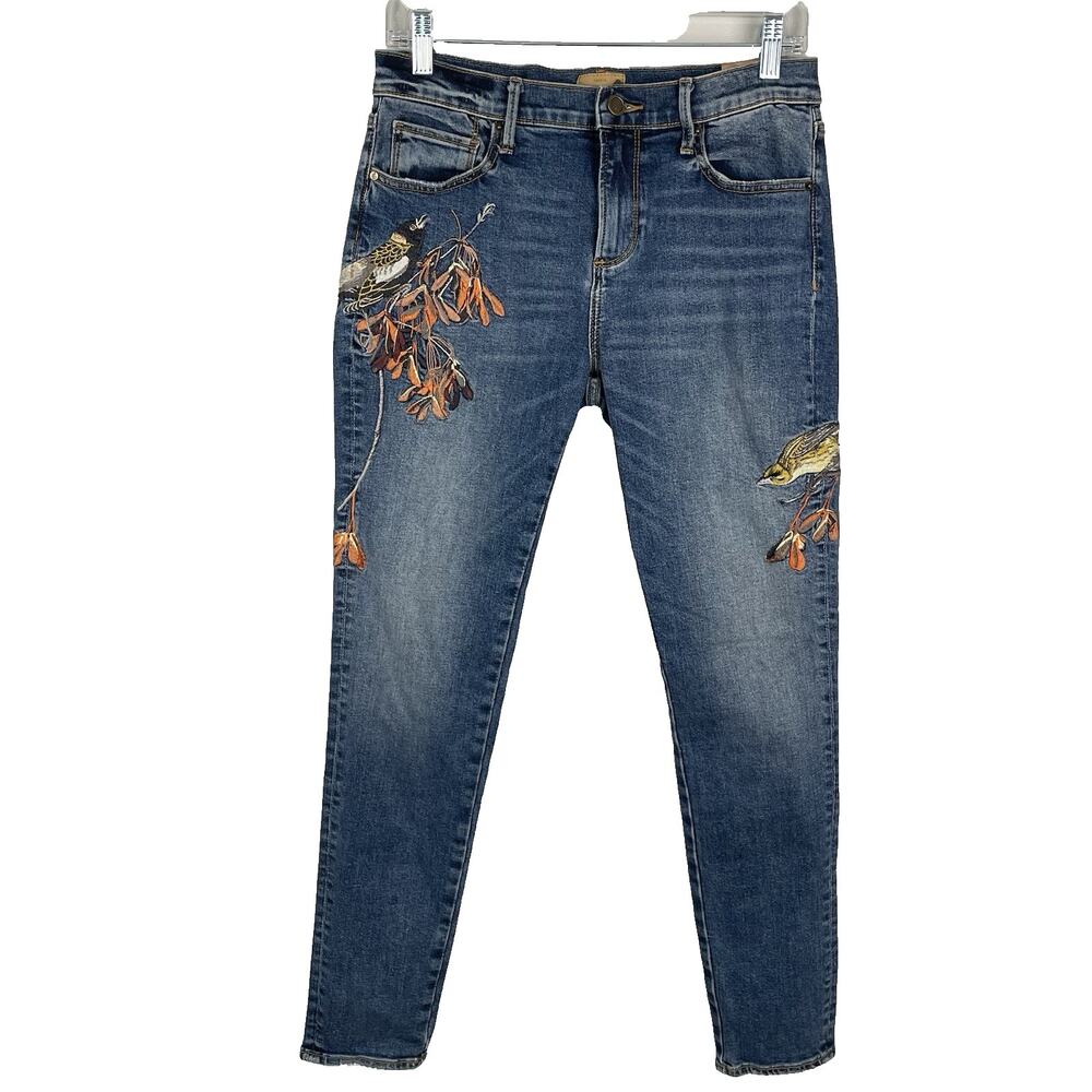 Driftwood Jackie Skinny Cigarette Jeans Size 27 x 29 Embroidered Bird Artsy Boho